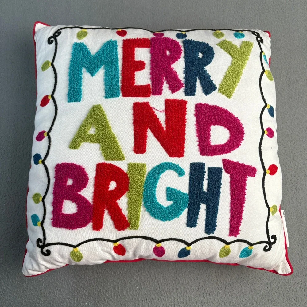 Hobby Lobby Merry and Bright Christmas Throw Pillow Chenille Letters 17.5in HL
